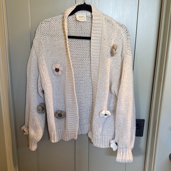 Maeve Sweaters - Anthropology Maeve Cream Knit Cardigan with Floral Details